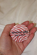 "woo pig say it back" red zebra print button